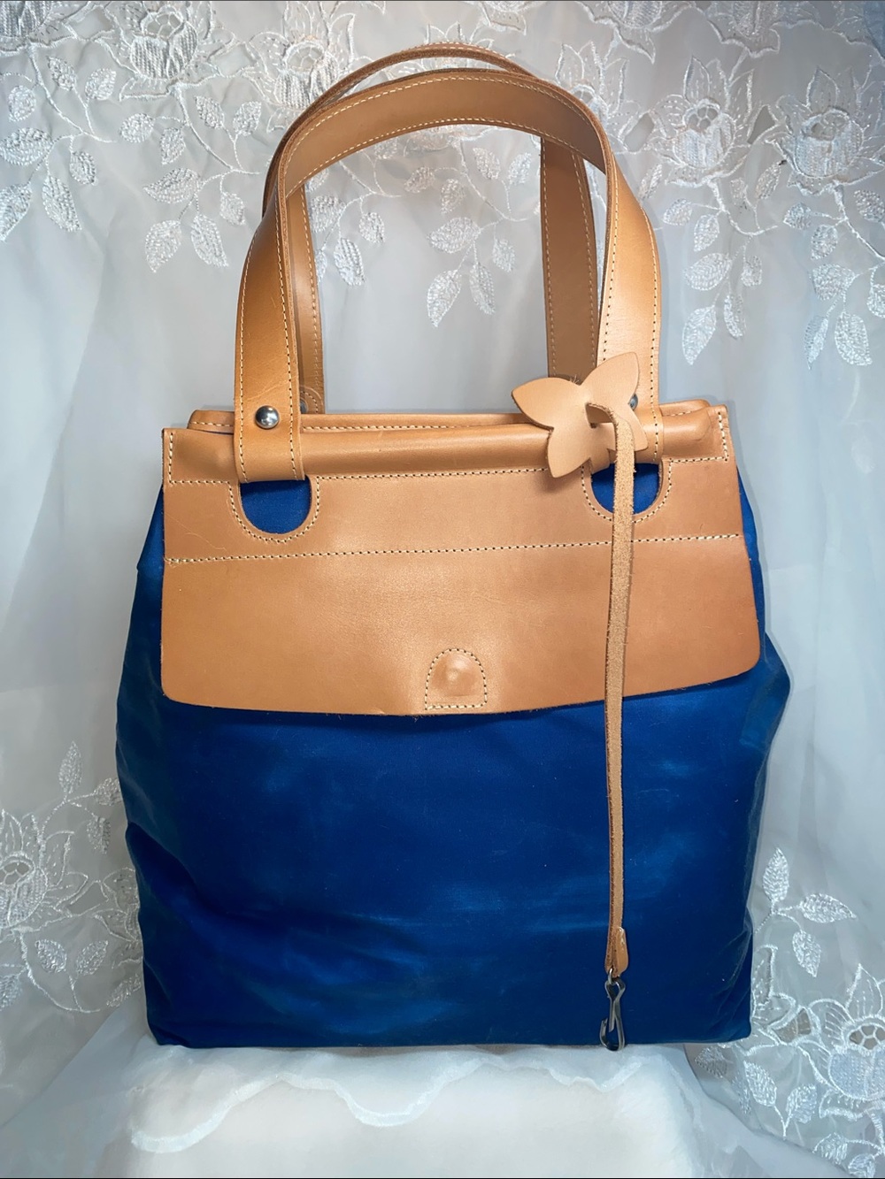 Vintage Beate Arens Two-Tone Navy and Tan Leather-Trim Tote